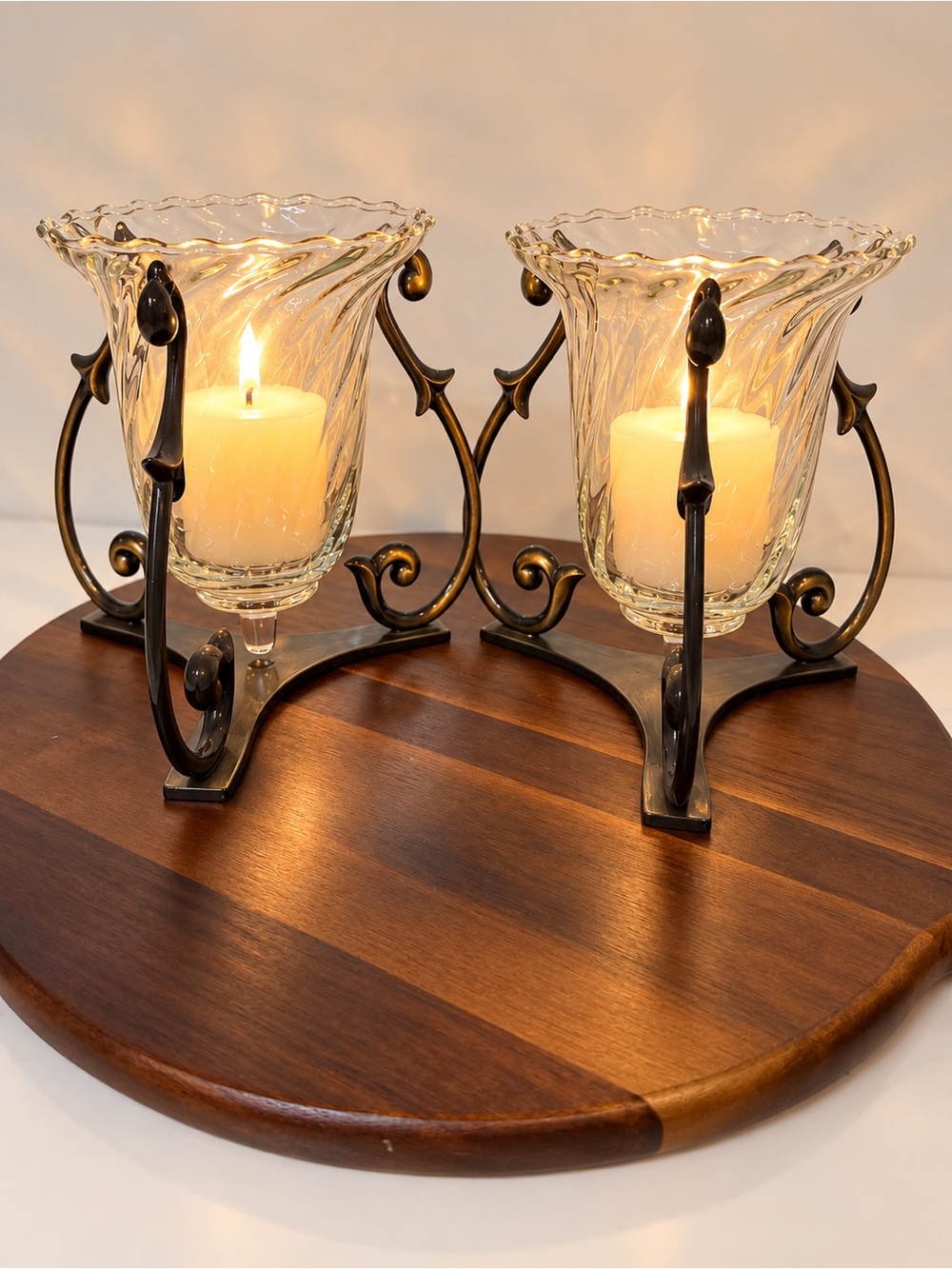 PartyLite Soliloquy Votive Holder Set P0468 Swirl Glass Bronze Base Pair